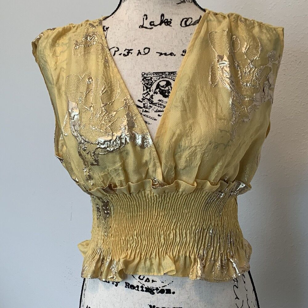 Zara Women's Stretchy Crop Top Ruffles Limited Edition Gold Splash Yellow Sz XS